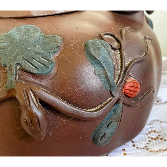 Vintage Clay Pumpkin Chinese Yixing Teapot Vines Big Stem Handle Signed - Picture 4 of 16
